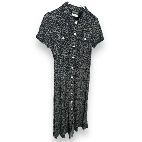 90s Vintage Byer California Womens sz 7 Black Floral Collared Button Midi Dress - Picture 4 of 6